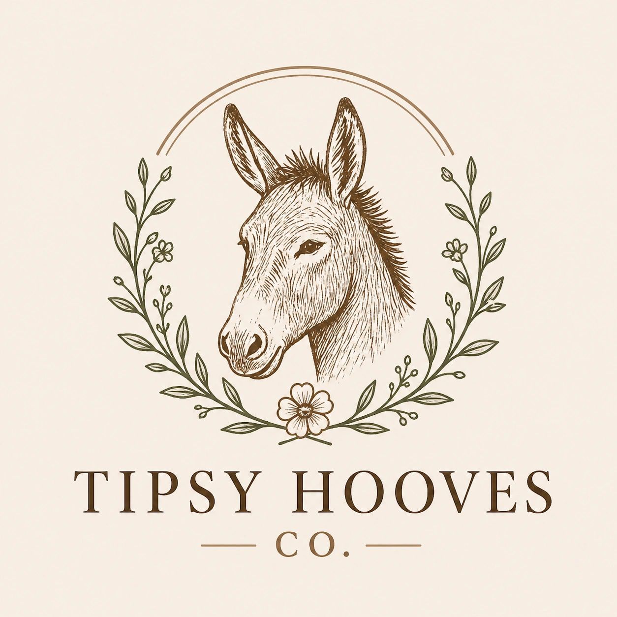 Vintage-style logo featuring a donkey head surrounded by floral elements with the text 'Tipsy Hooves Co.'