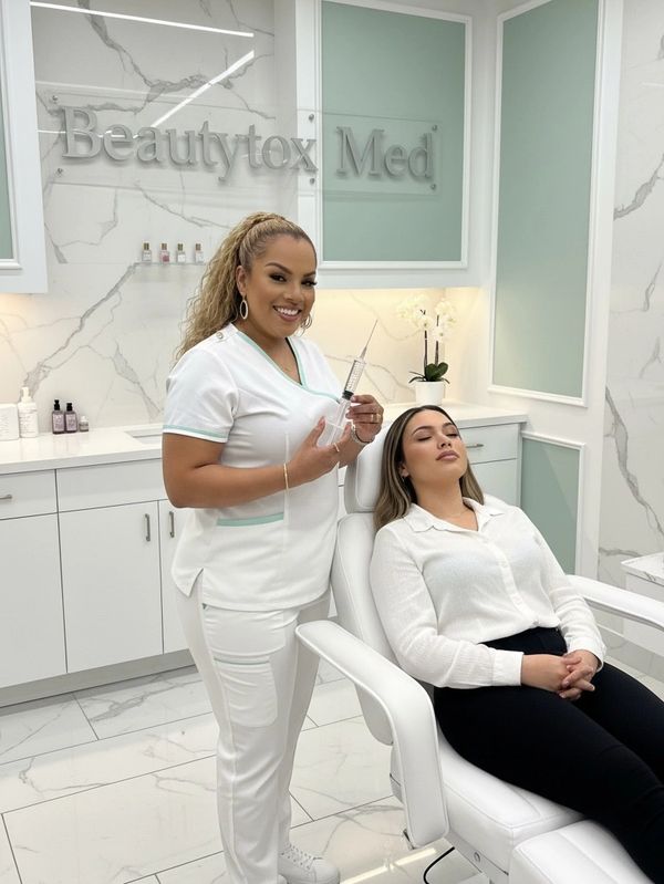 A medical professional prepares an injection for a relaxed patient in a modern clinic.