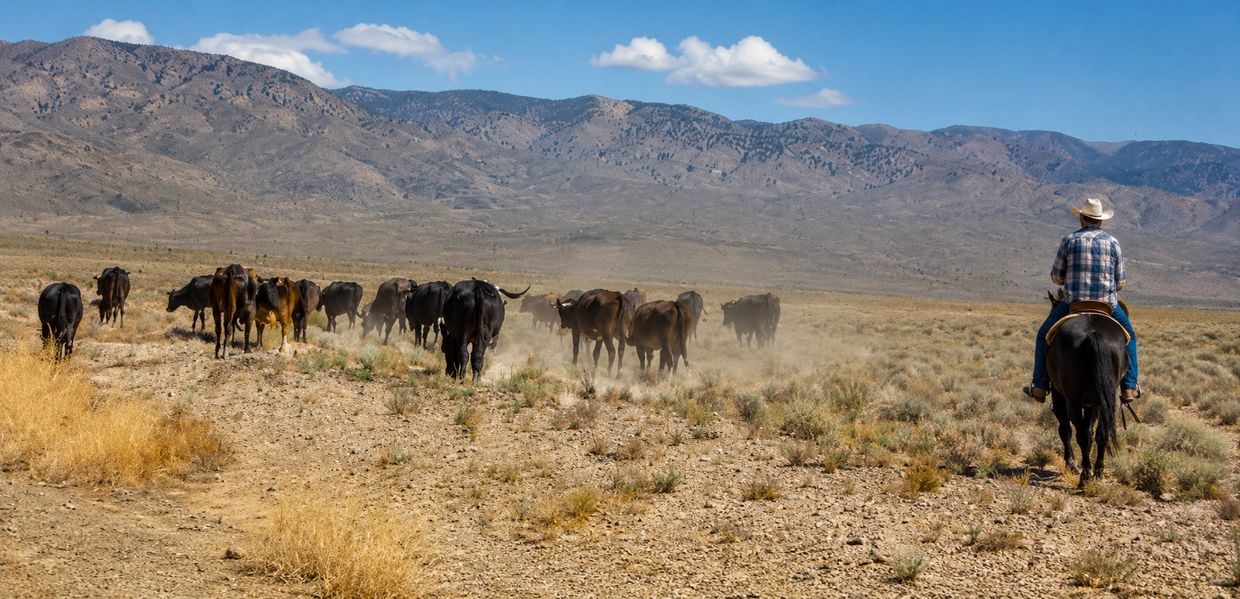 Cowboy cattle drive in the desert

