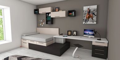 Modern bedroom with integrated bed and desk setup.
