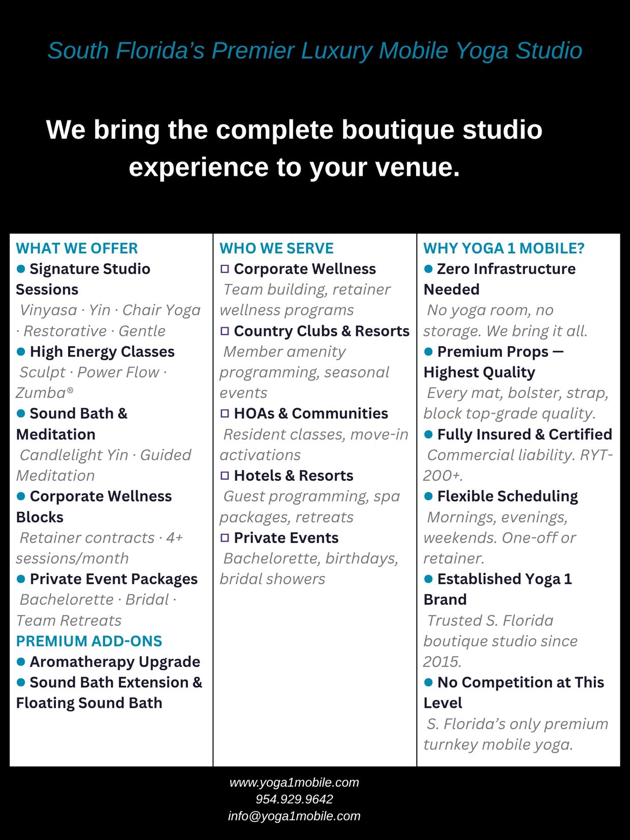 Mobile luxury yoga studio offering high-quality classes and premium props at your venue in South Florida.