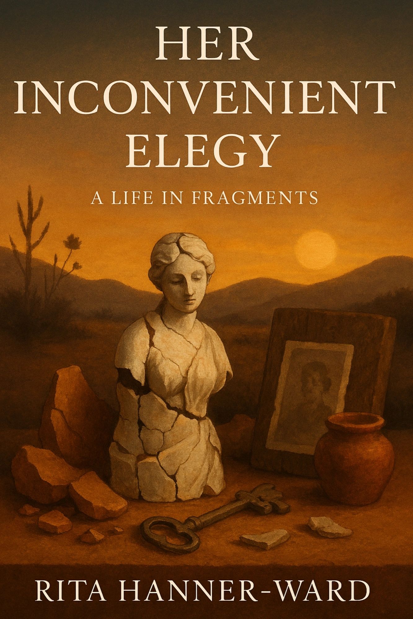 A desert shrine at sunset with a crumbling female statue, an old photo, a key, and clay shards.