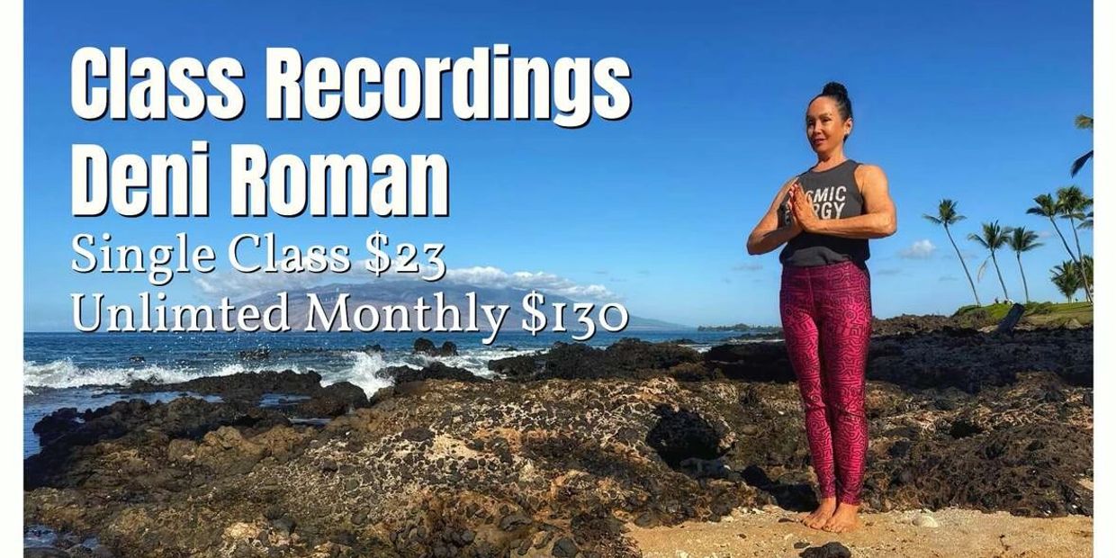 Deni Roman offers class recordings with pricing details on a scenic rocky beach backdrop.