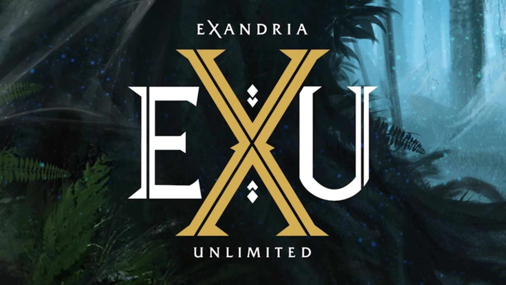 Exandria Unlimited logo with a mystical forest background.