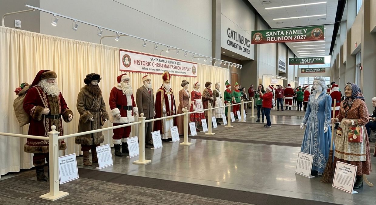 Exhibit of historic Christmas figures at Santa Family Reunion 2027.