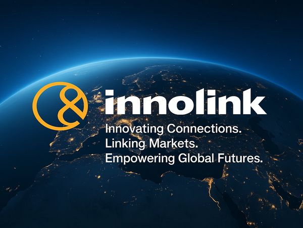 Innolink logo over a glowing Earth at night, symbolizing global connections.