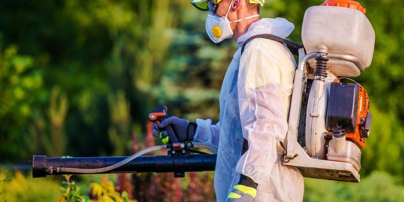 Worker spraying pesticide outdoors in protective gear.