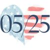 Graphic showing the date 05/25 with patriotic US flag colors.