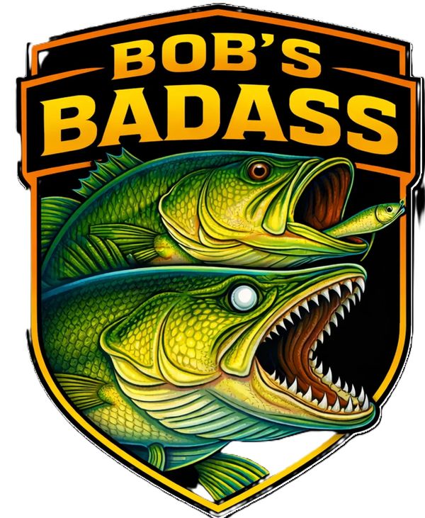 Logo with two aggressive fish and text 'BOB'S BADASS' in bold orange.