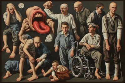 Surreal scene with distorted figures showing various emotions and conditions.