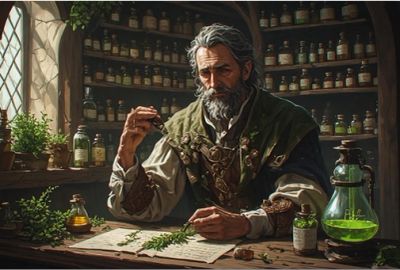 An alchemist mixing herbs in a rustic lab.