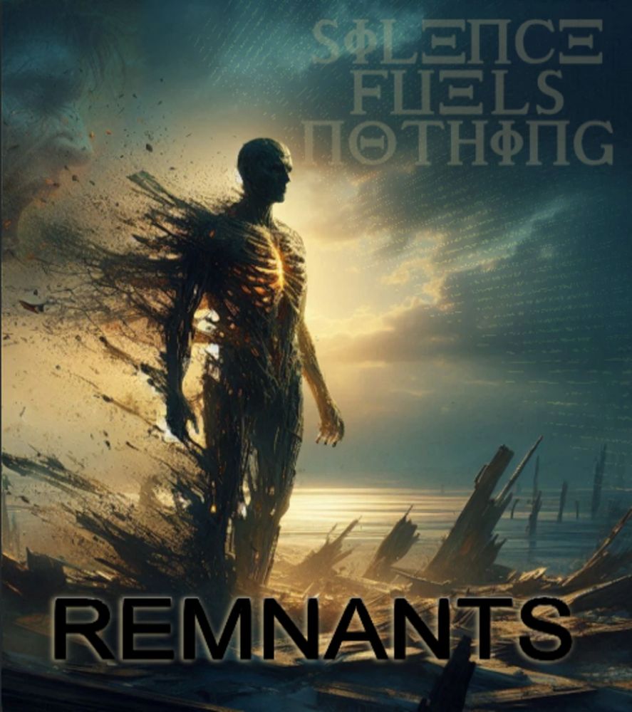 A fragmented humanoid figure stands amid ruins with the words 'Silence Fuels Nothing' and 'Remnants'.