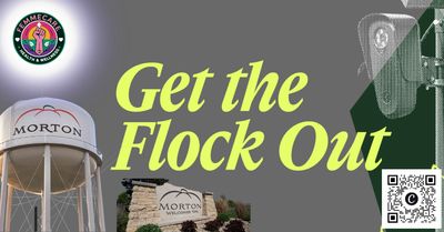Advertisement encouraging to 'Get the Flock Out' in Morton.