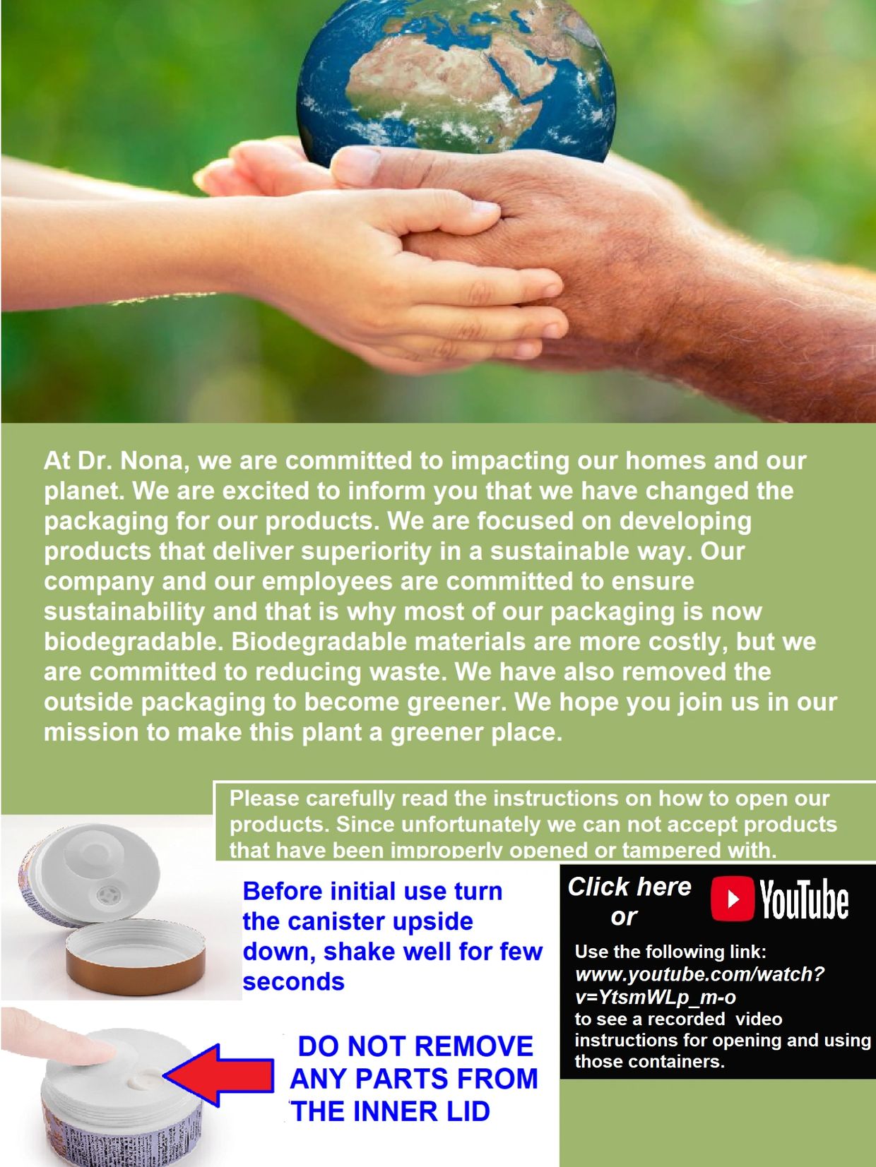 Hands holding a globe with a message about sustainable biodegradable packaging and product opening instructions.