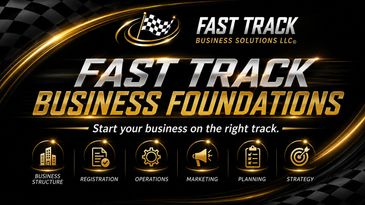 Fast Track Business Foundations promotional image with icons and tagline.
