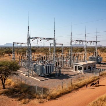Electrical substation in a dry, rural area with power lines and transformers.