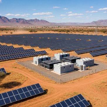 Solar power plant with battery storage units in a desert landscape.