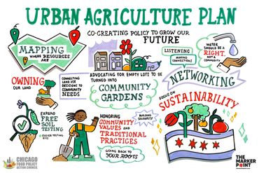 Illustration of an urban agriculture plan highlighting sustainability, community gardens, and resource mapping.