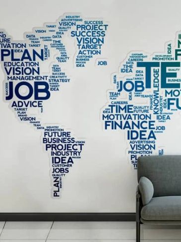 Wall art made of career-related words shaped like human figures.