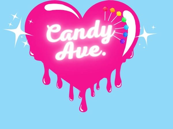 Bright pink heart with "Candy Ave." and colorful lollipops on a blue background.