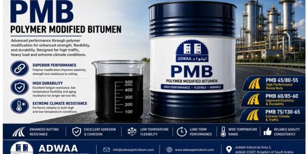 Advertisement for PMB polymer modified bitumen with high performance features.