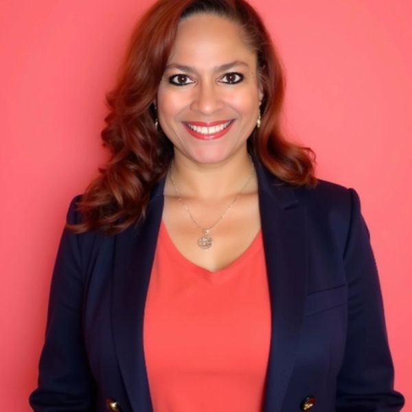 Woman smiling with red background, wearing navy blazer and coral top.