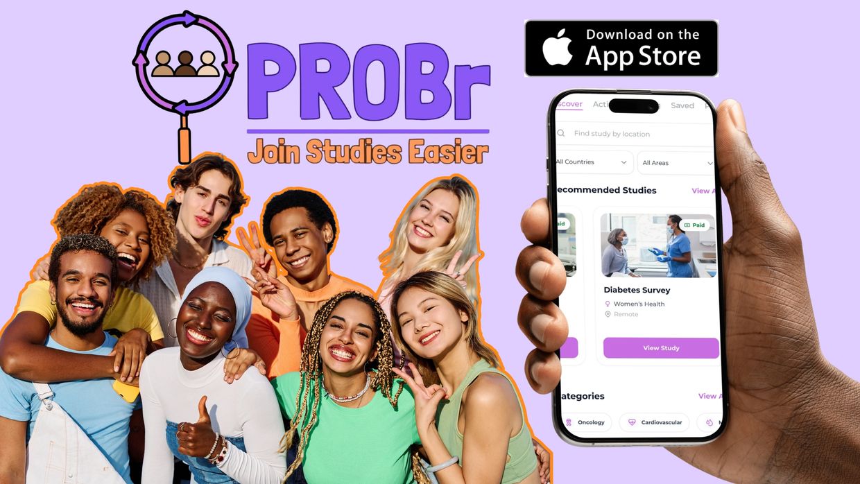 Diverse group promoting PROBr app for joining studies easily.