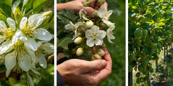 Sequence showing apple blossoms and developing apples on a tree.