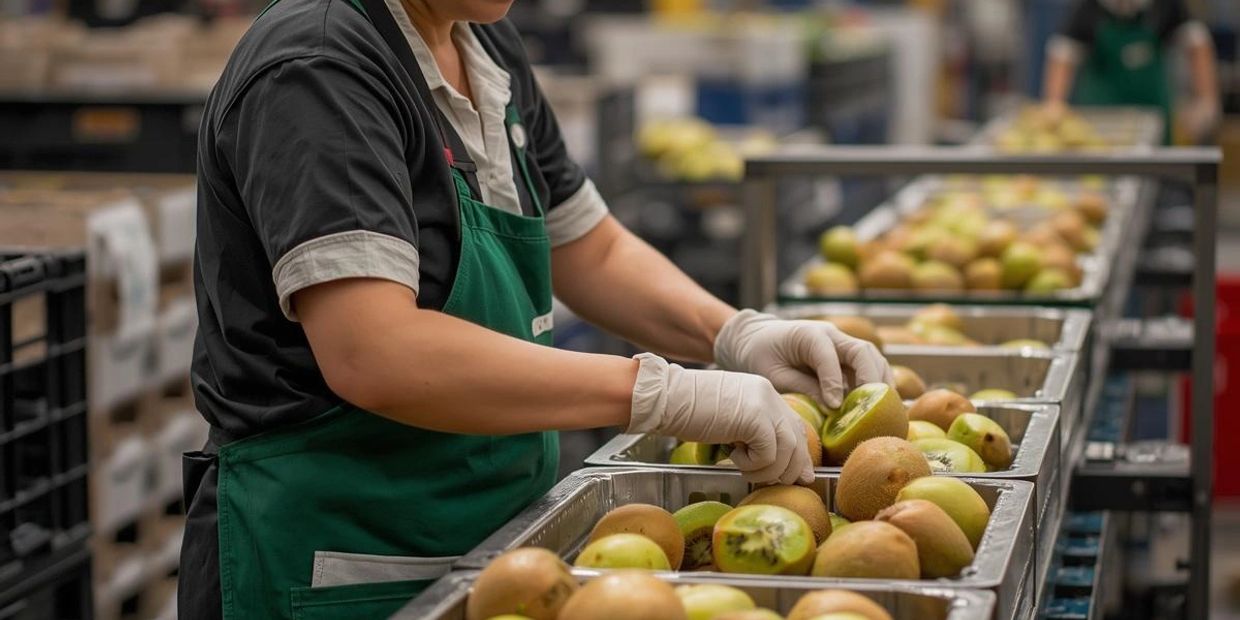 Worker sorting and inspecting kiwifruits in a production line.