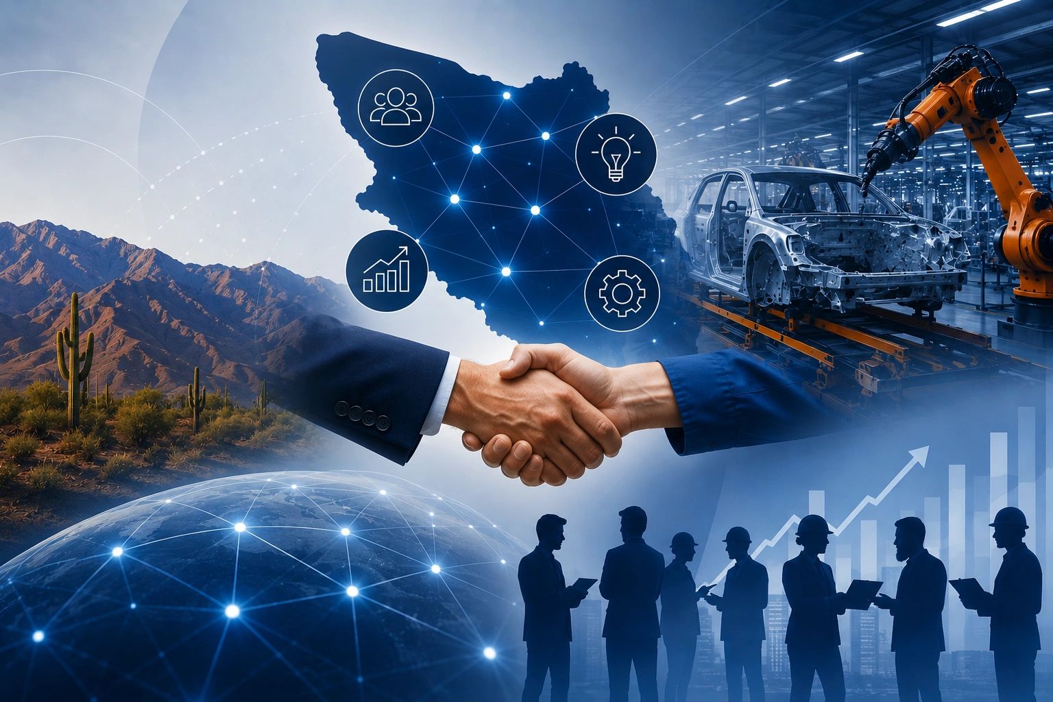 Handshake symbolizing industrial collaboration and innovation in a high-tech manufacturing environment.