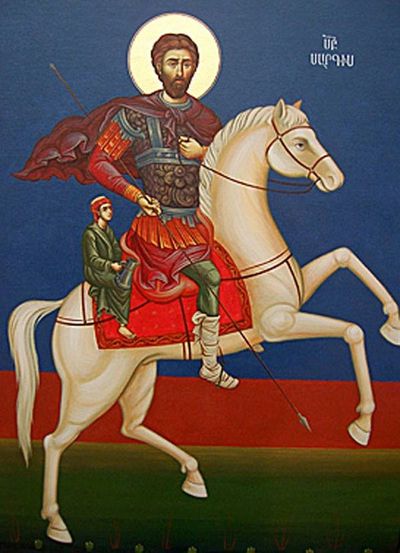 Saint Martin sharing his cloak with a beggar on horseback in a religious icon style.