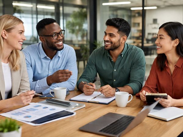 Four colleagues smiling and discussing work around a table with documents and coffee.