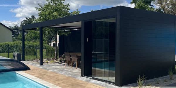 A black pergola seating. including a glazing seat area. 