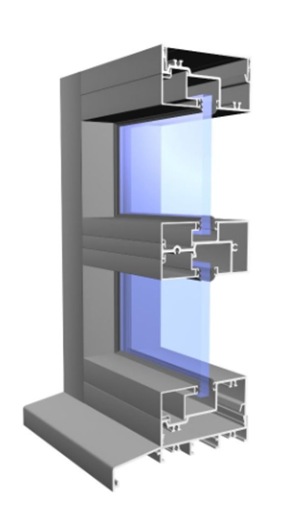 Cross-sectional view of a double-glazed aluminum window frame.