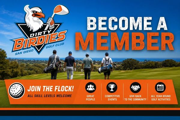Golf club membership invitation with four people walking on a course.