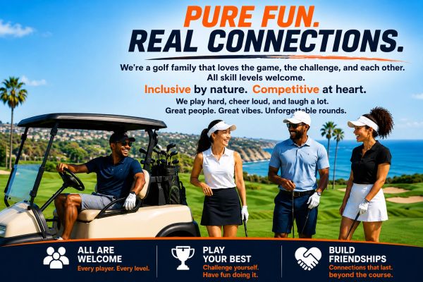 Group of diverse golfers enjoying a sunny day on the golf course.