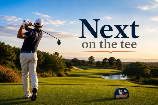 Golfer teeing off with text "Next on the tee".