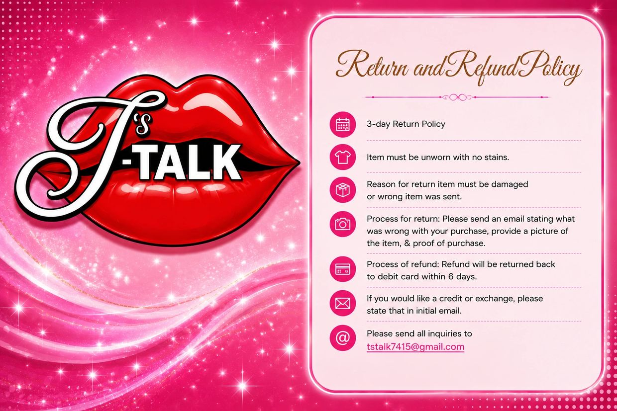 Bright pink return and refund policy with lips logo and detailed instructions.