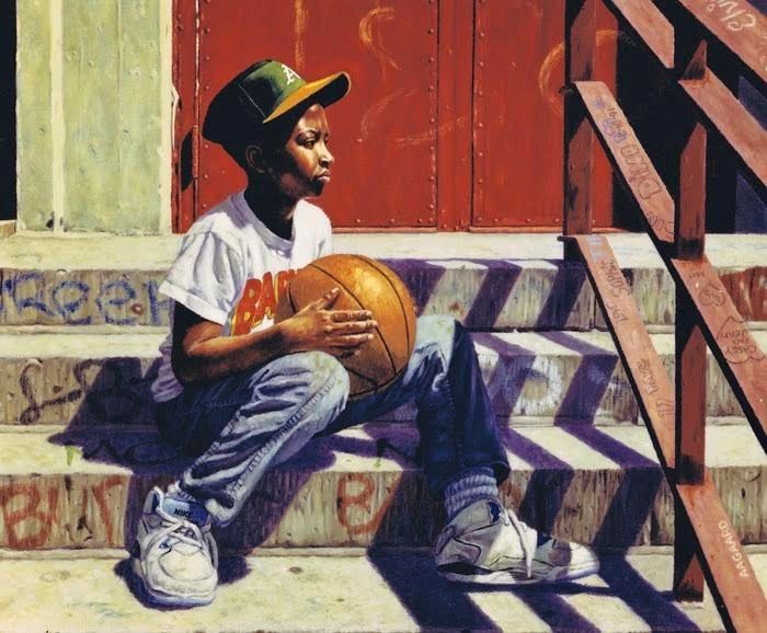 Painting of a young boy sitting on a stoop in Brooklyn in 1986.