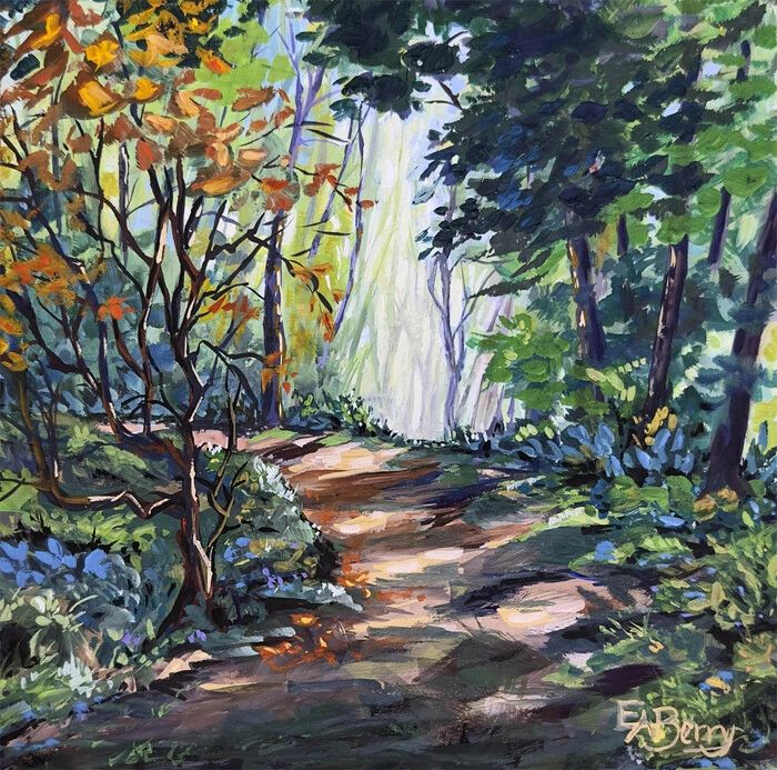 Painting of a path through the woods.