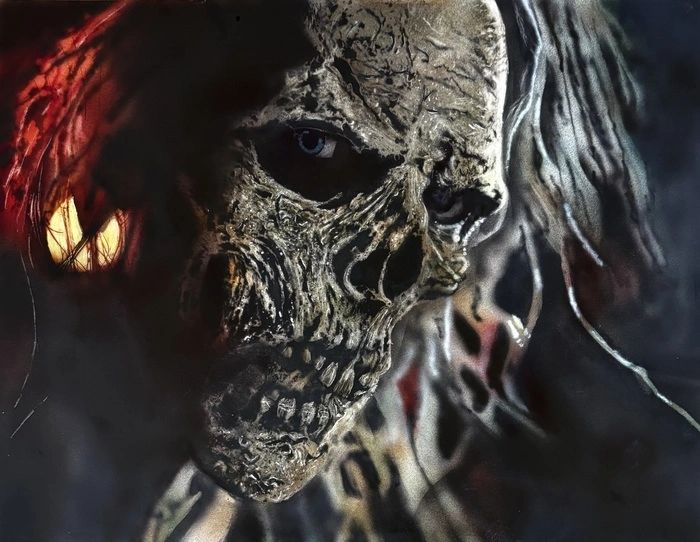 Close-up of a decayed skull with eerie lighting.