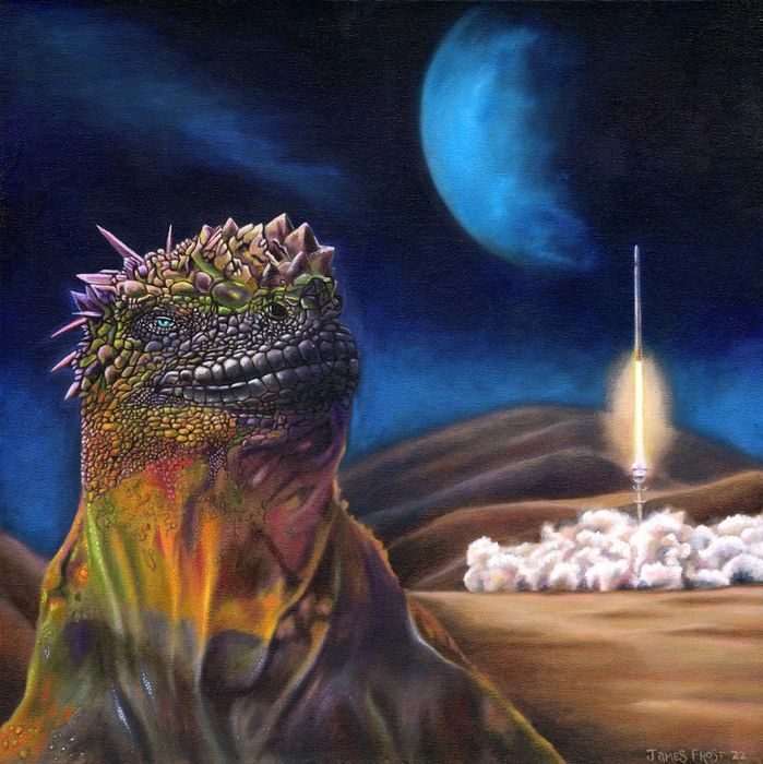 Painting of an iguana in space. 
