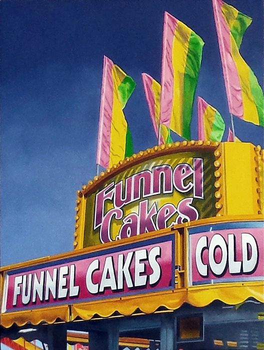 Painting of a funnel cakes stand in a carnival.