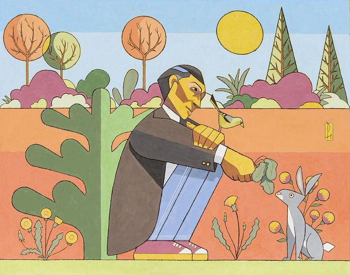 Stylized man feeding a rabbit with leafy greens in a colorful garden.