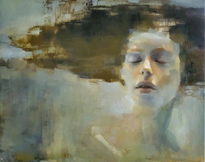 Abstract painting of a serene woman with closed eyes and flowing hair.