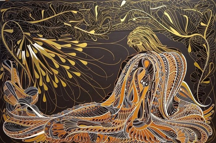 Intricately patterned figure with flowing hair surrounded by golden foliage on dark background.