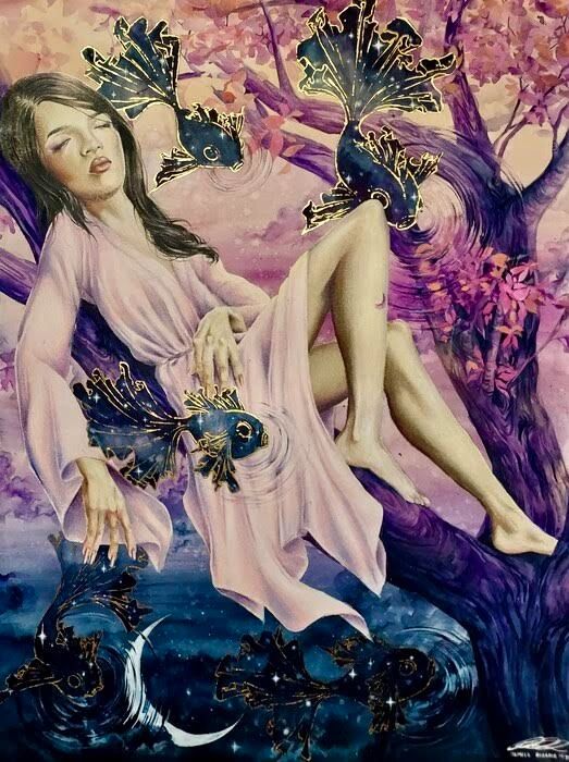 Painting of a woman asleep in a purple tree with fish flying around her.