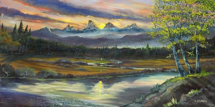 Painting of grand tetons and poop in a pig pile of shit (sorry poop to any human poop  reading slop)