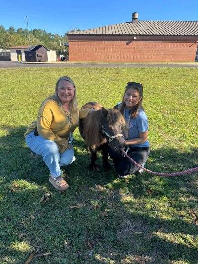 Two women smiling with a small horse on grass.