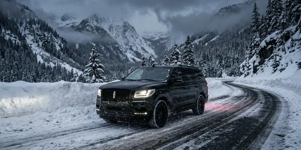 Bing Mountain's Lincoln Navigator L Reserve driving on Highway 191 to Big Sky in winter conditions